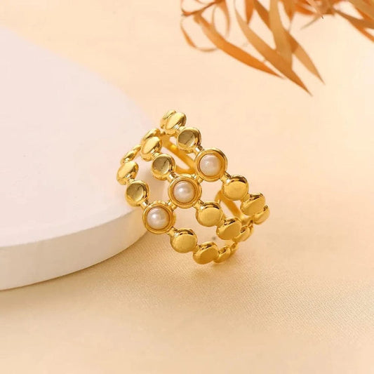 Triple layer pearl gold plated ring