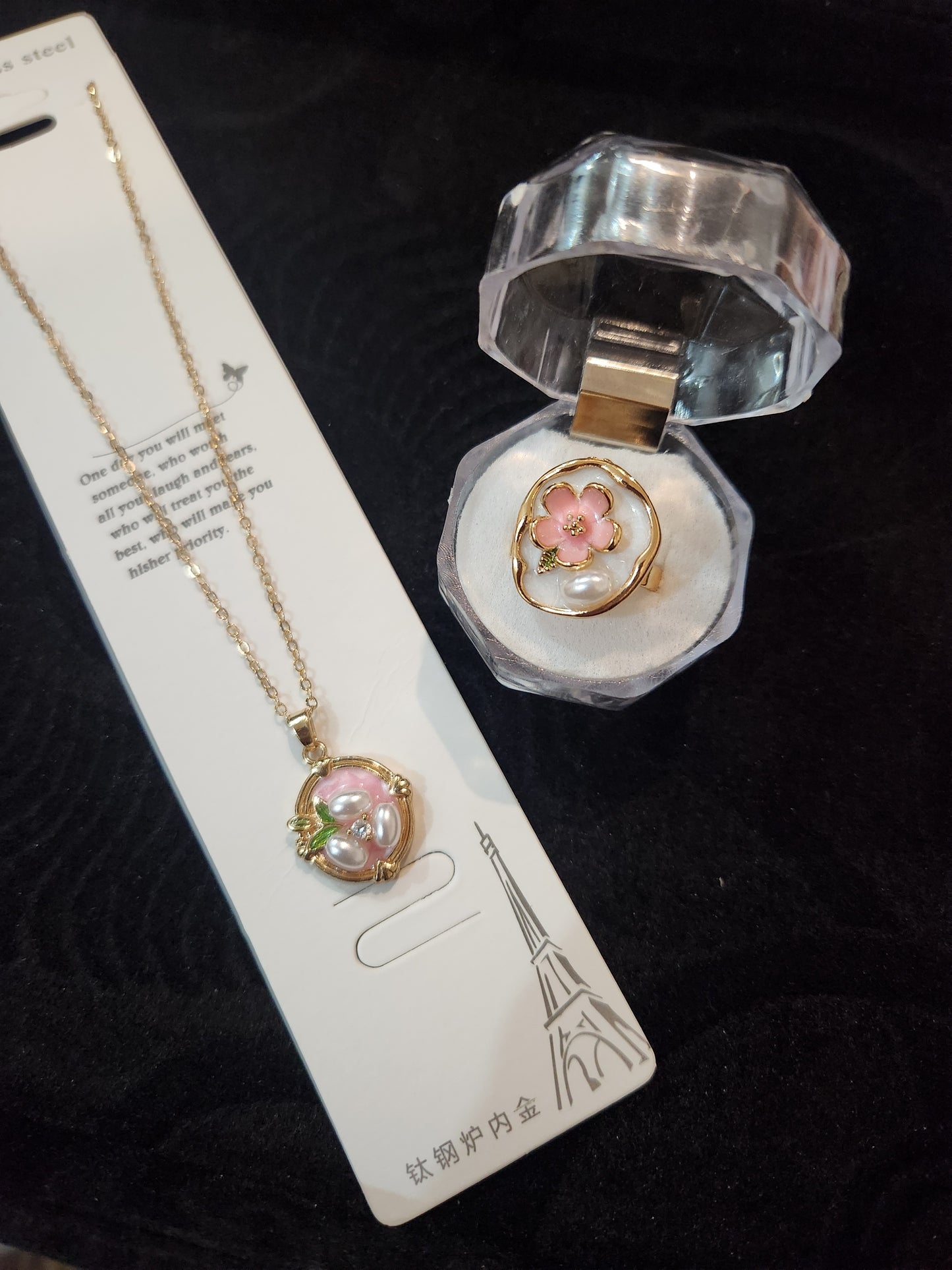 Pearl floral pendant and ring